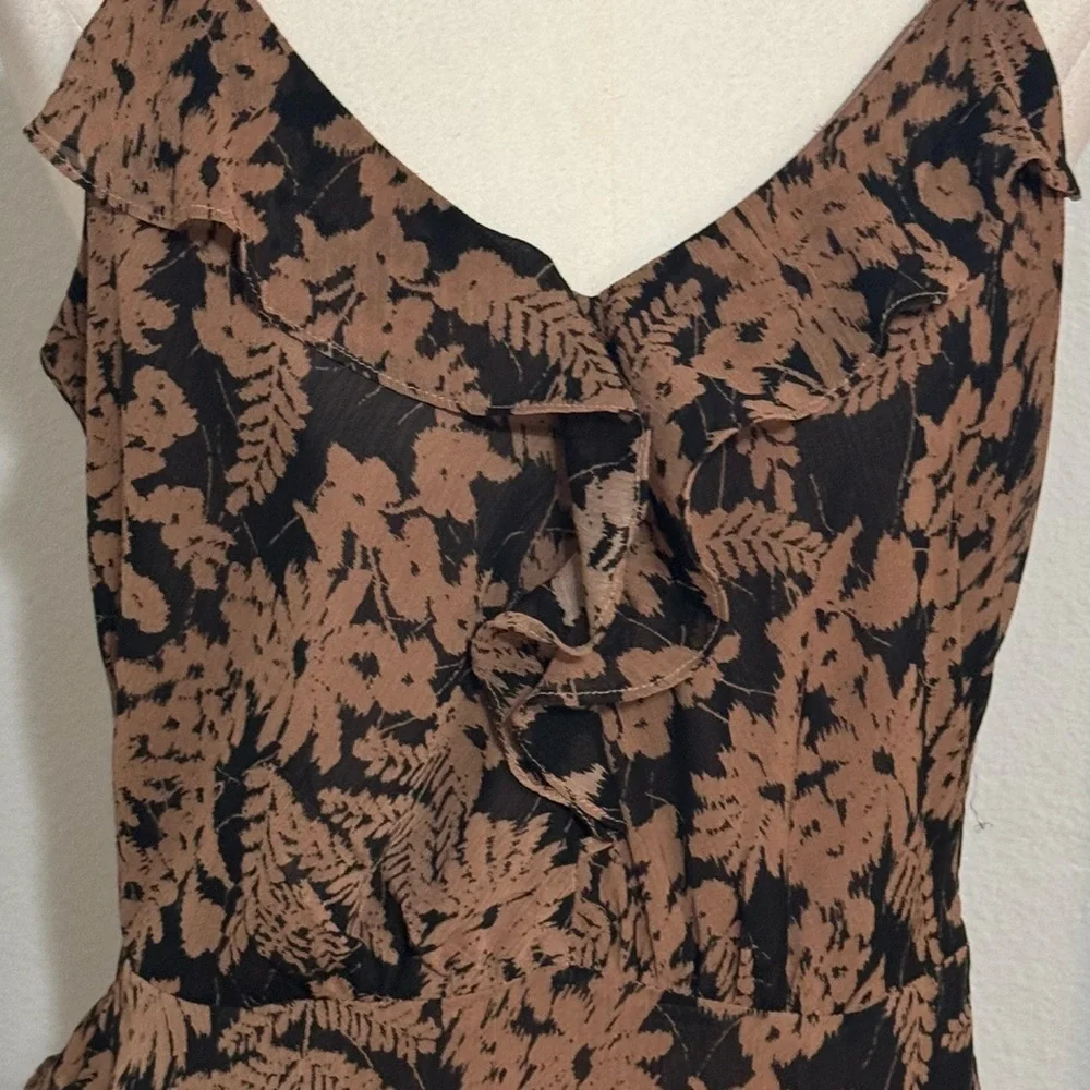 DRESS FORUM Floral Ruffle Midi Dress Cottagecore Size M Brown Black Neutral Boho